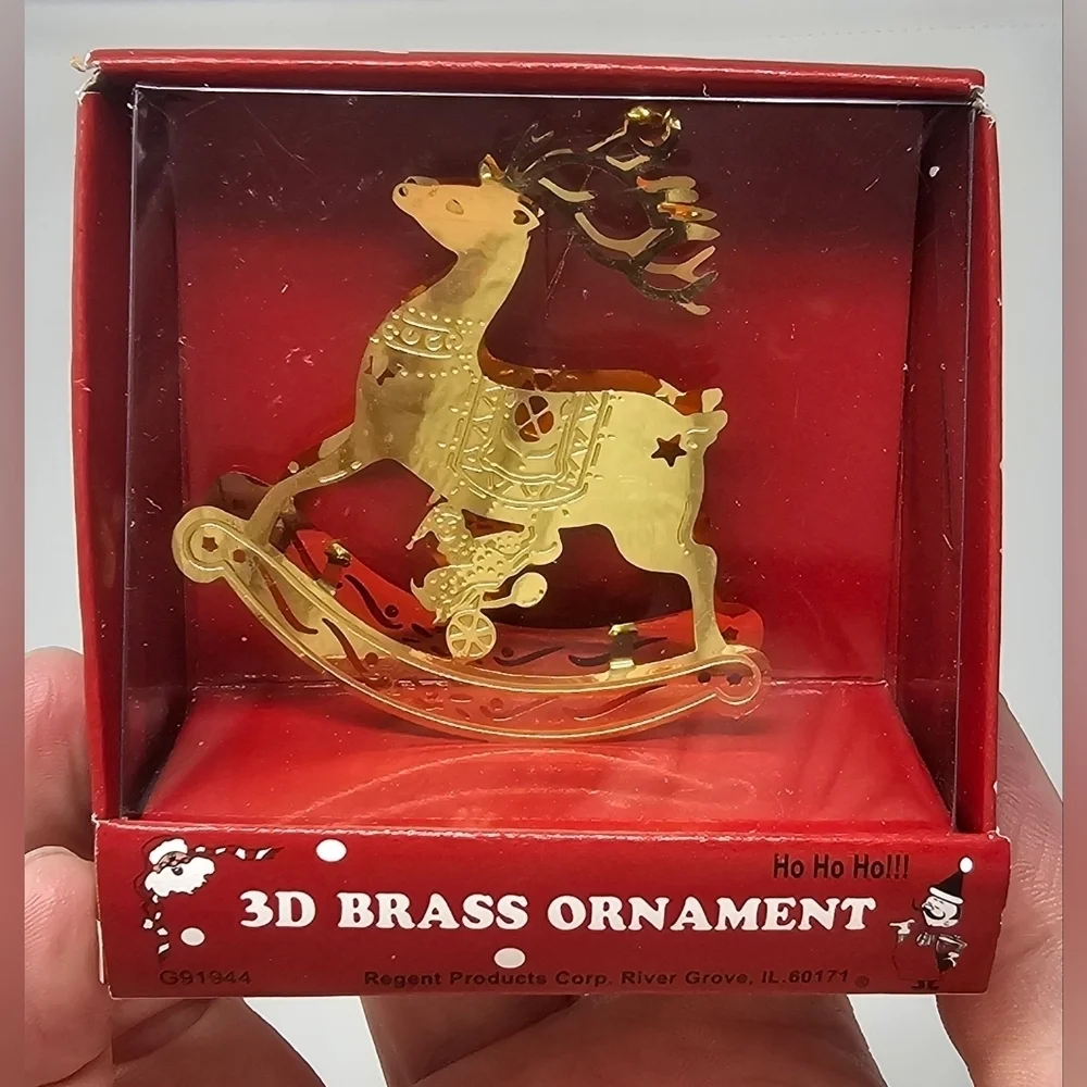 Vintage 3D Solid Brass Filigree Die Cut Gold Rocking Horse Ornament Shelf Sitter